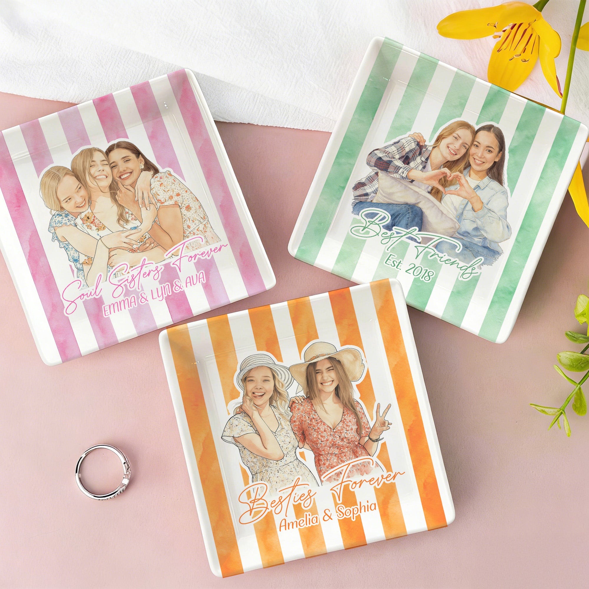 Acuarela personalizada estilo Besties Foto rayado joyería plato de cerámica con el título y el texto de uso diario regalo de cumpleaños para los amigos de las mujeres