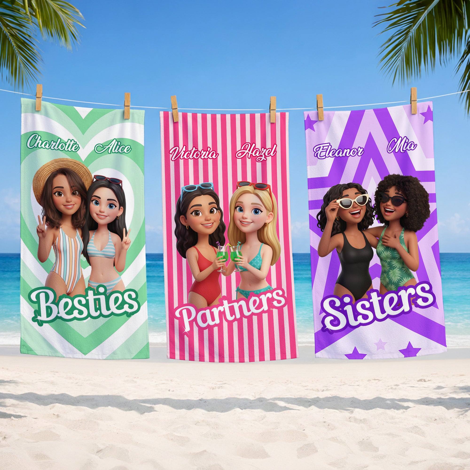 Toalla de playa personalizada de rayas con el nombre de un personaje de dibujos animados y diseño fotográfico de secado rápido Regalo de cumpleaños esencial para la hermana de una amiga
