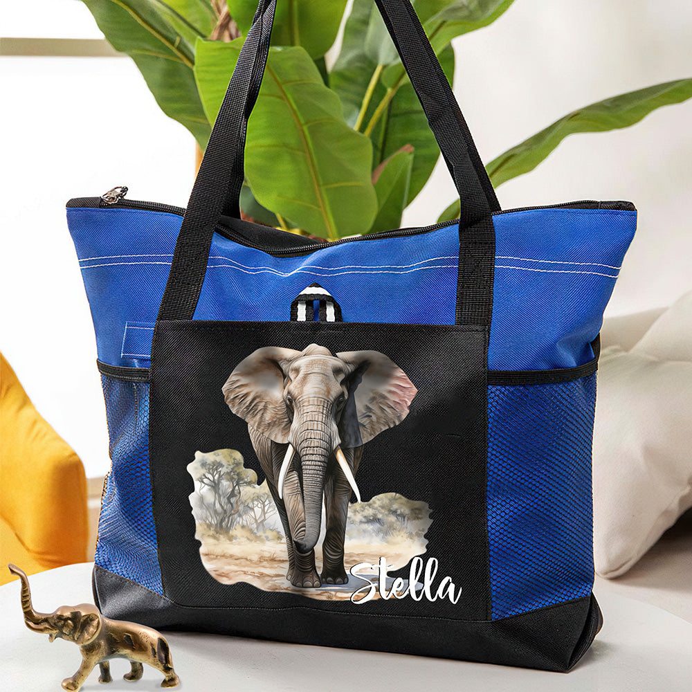 Bolsa de malla impermeable con nombre personalizada con diseño de elefante acuarela o selva Accesorios de viaje Regalo de cumpleaños para mujeres amantes de los elefantes