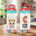 Botella de agua isotérmica de 12 oz con nombre, inicial y pajita Personalizada Dibujos animados infantiles Garabatos Regalo de cumpleaños de vuelta al cole para niños Niñas