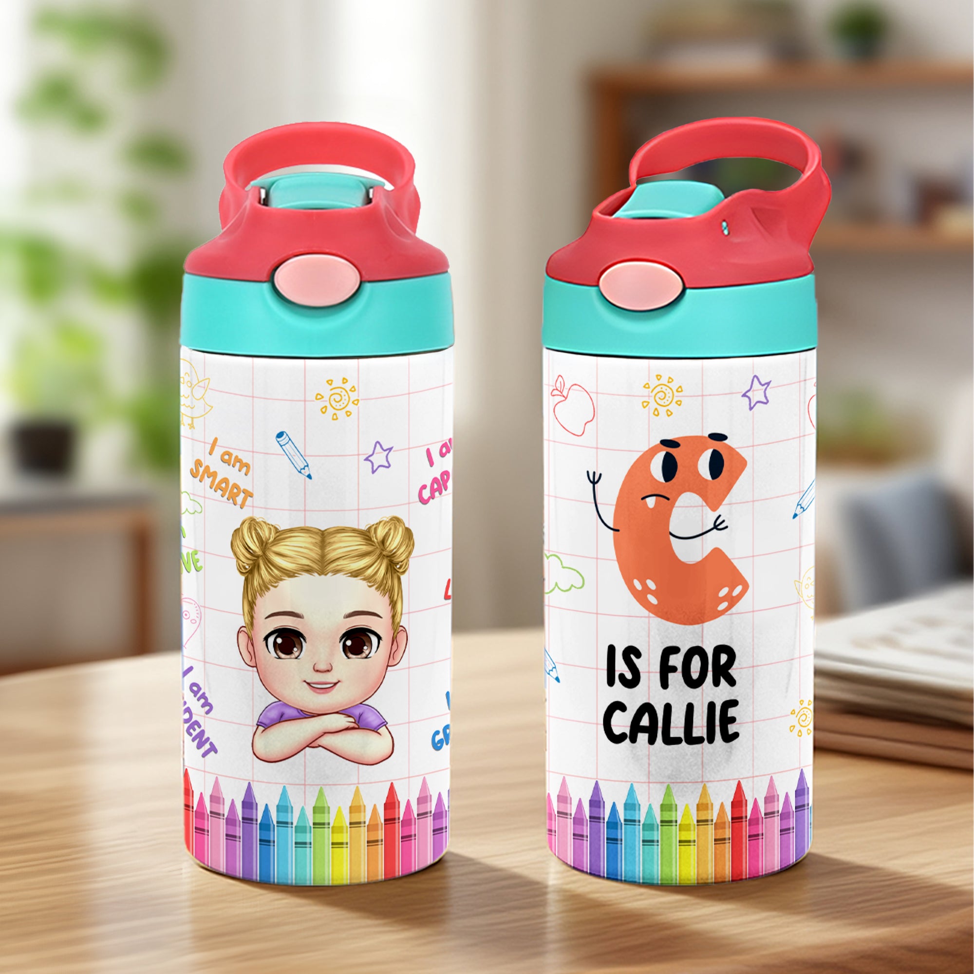 Botella de agua isotérmica de 12 oz con nombre, inicial y pajita Personalizada Dibujos animados infantiles Garabatos Regalo de cumpleaños de vuelta al cole para niños Niñas