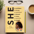 Cuaderno personalizado She Is Confident Fashion Black Woman Motivational Quote A5 con nombre y lápiz gratis Regalo de cumpleaños diario para ella
