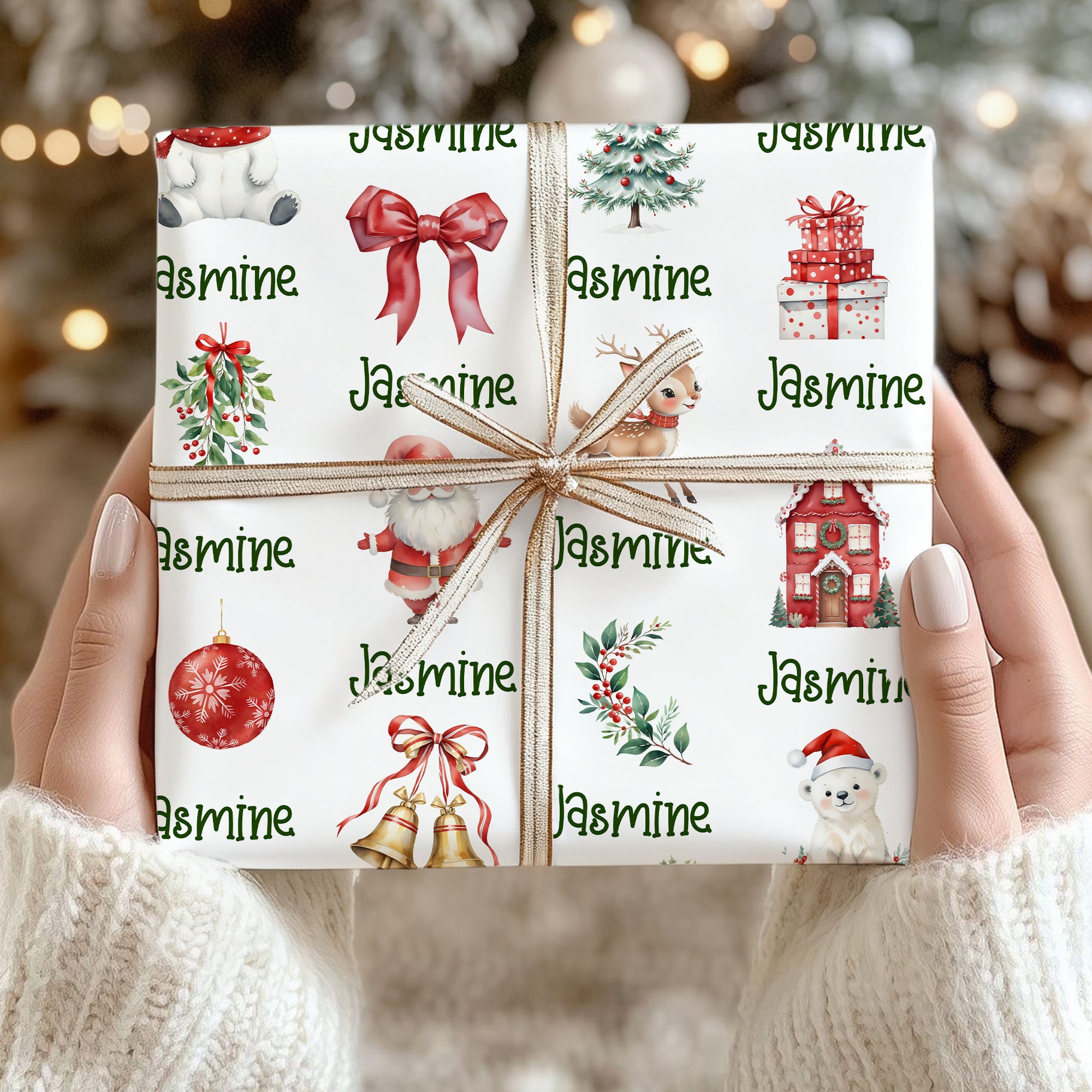 Papel de envolver personalizado de Papá Noel Alce Muñeco de Nieve con nombre Regalo de Navidad para niños Familia Amigos