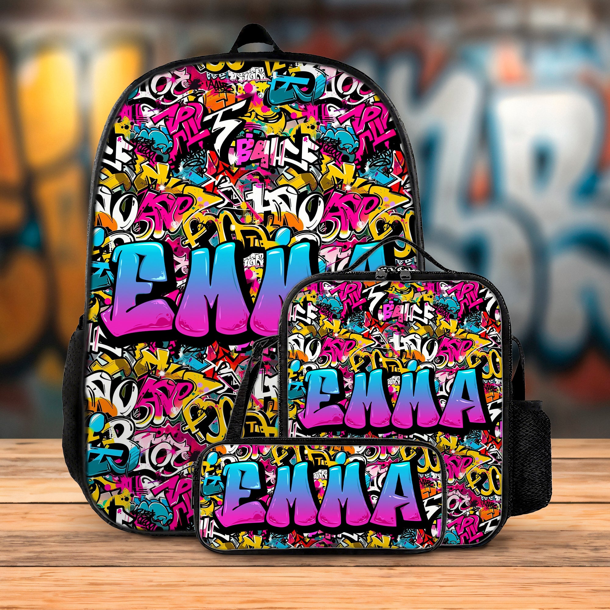 Personalizado colorido Graffiti Nombre Estilo Mochila Bolsa de almuerzo Estuche de lápices Set de vuelta a la escuela Cumpleaños Regalo para Niños Niñas Estudiantes
