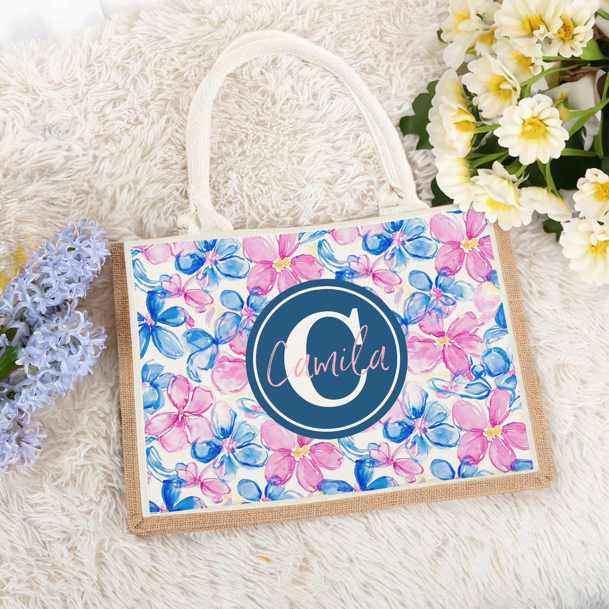 Personalizada Verano Tropical Floral Monograma Gran Capacidad Bolsa de Yute Tote con Nombre Uso Diario Cumpleaños Regalo para Bestie Hermana Mujer