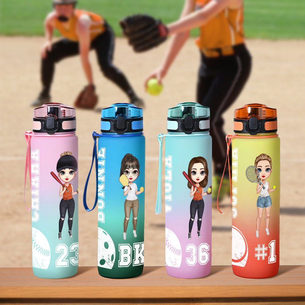 Personalizada Béisbol Tenis Pickleball Caricatura Nombre del personaje 32 oz Botella de agua deportiva con escala de números Regalo de cumpleaños para las mujeres amantes del deporte de pelota
