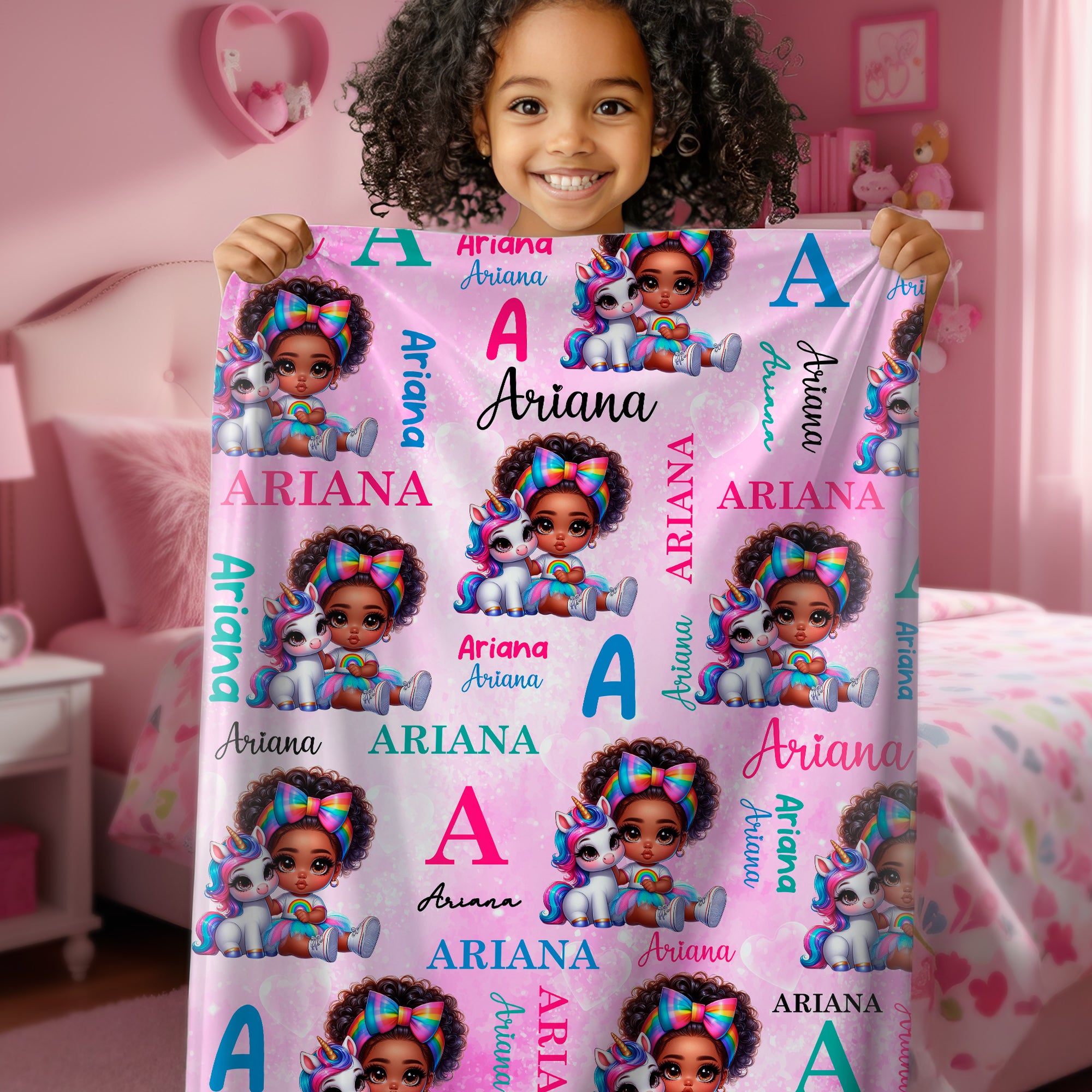 Personalizado de dibujos animados Negro Carácter Fantasía Unicornio Arco Iris Palabra Nube Suave manta con nombre Decoración del hogar Cumpleaños Navidad Regalo para Niños Niñas