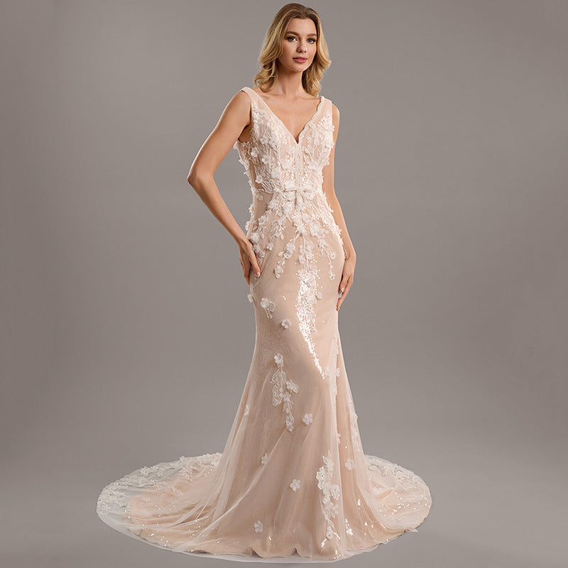 Bridal Wedding Dress Pink Sleeveless Long V-Neck Mermaid