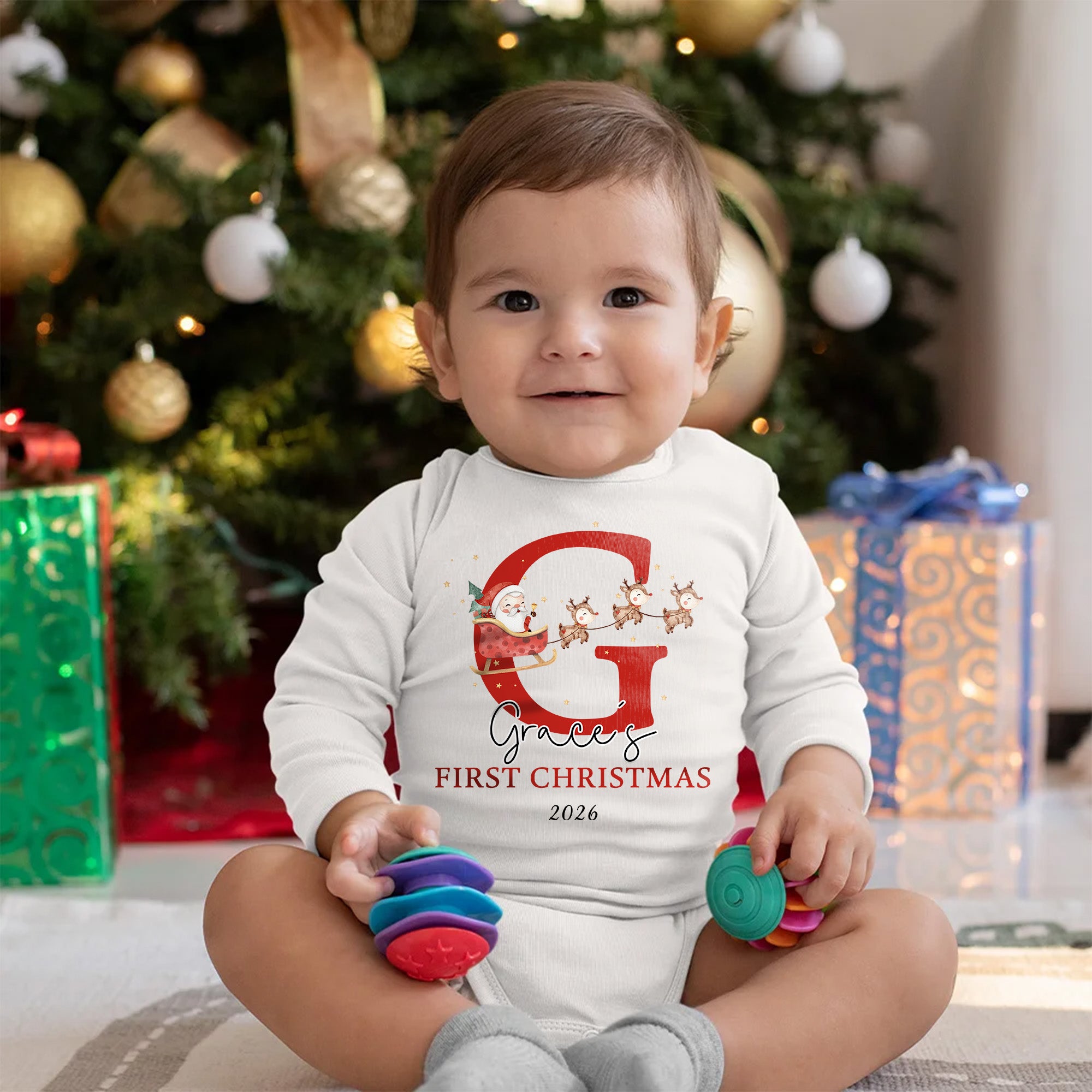 Personalizado Santa Sleigh Xmas 100% algodón babero del bebé body con nombre inicial y el año que viene Outfit primer regalo de Navidad para los recién nacidos