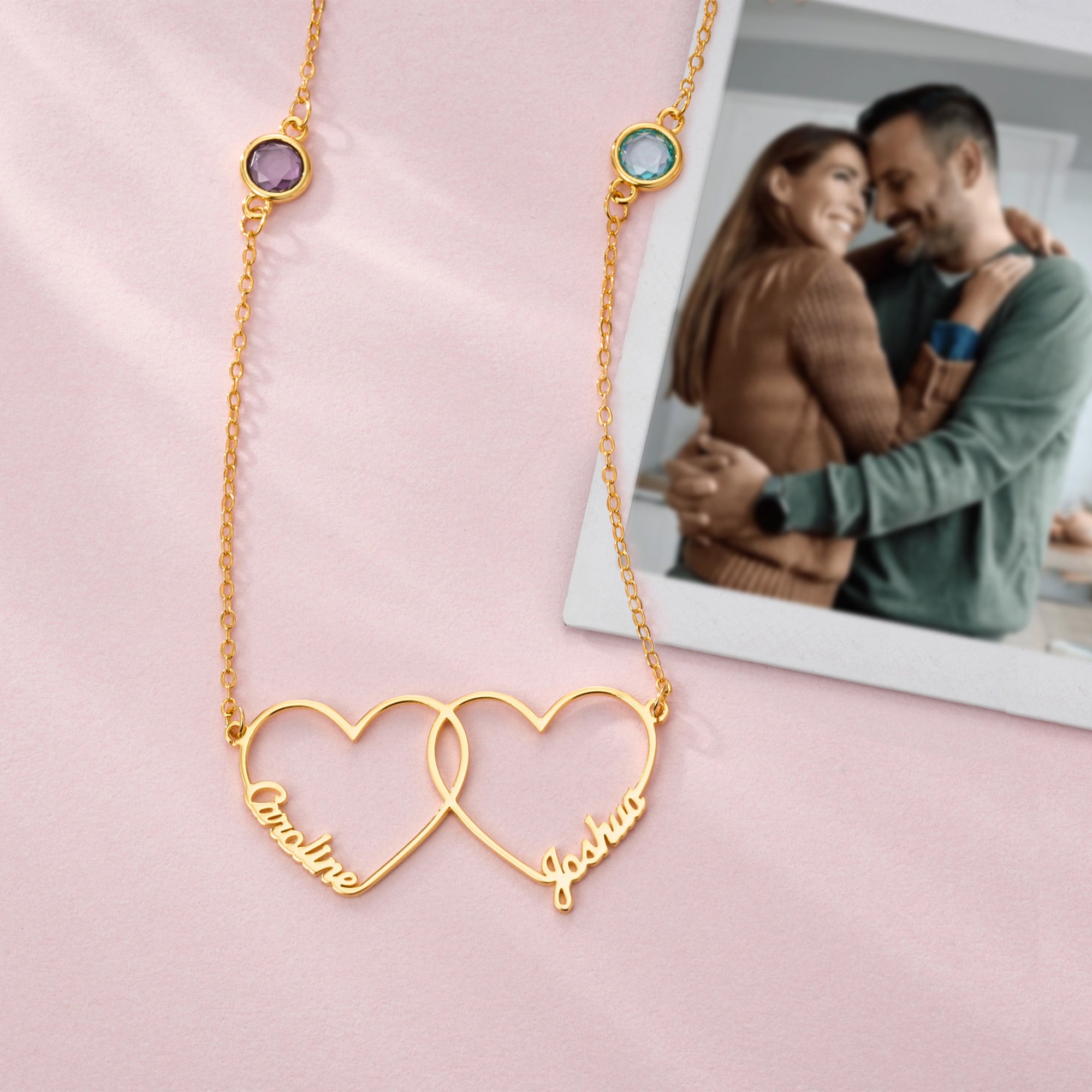 Collar personalizado de doble corazón entrelazado con piedra de nacimiento y nombre Cumpleaños Navidad Día de la Madre Regalo para mamá Esposa