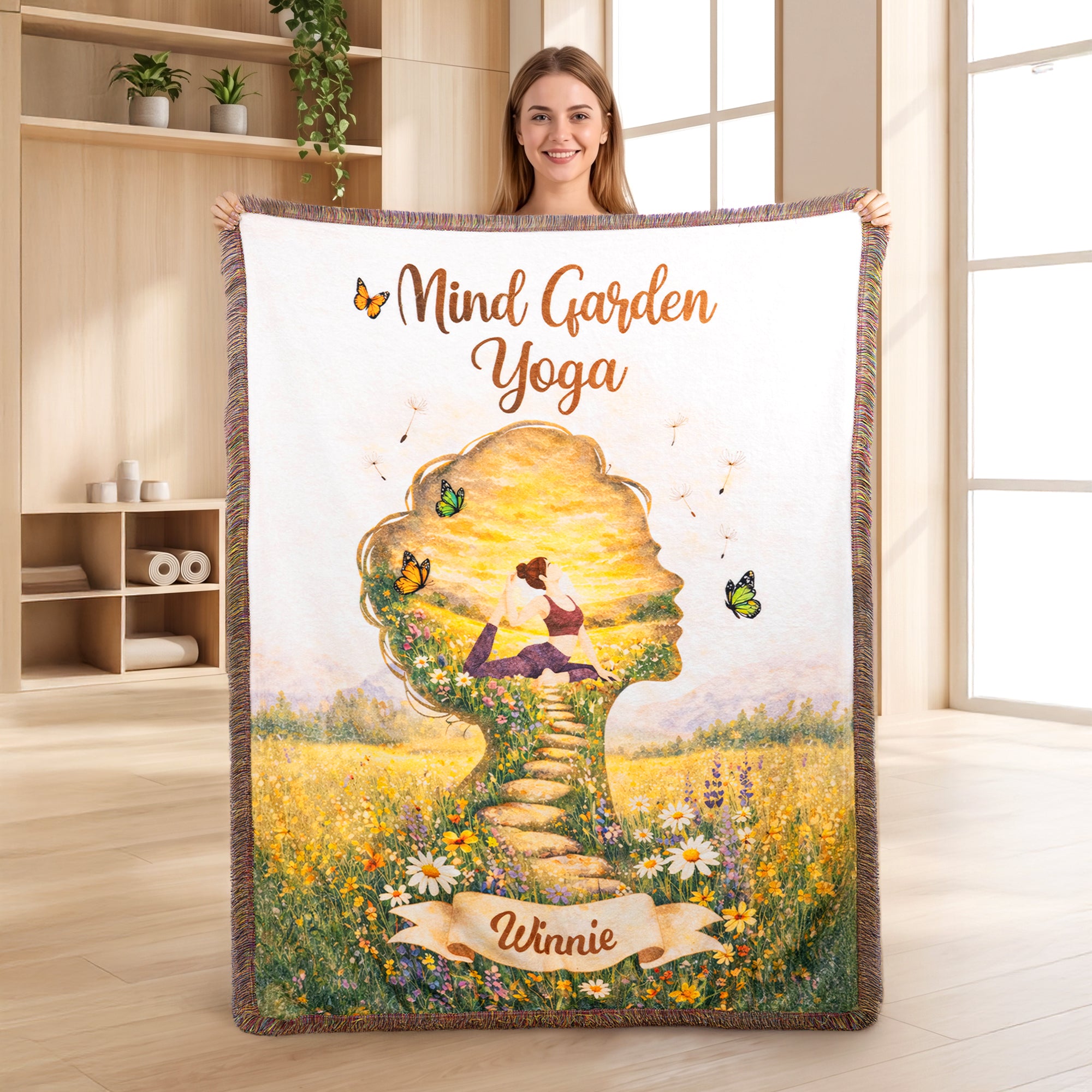 Manta personalizada Mind Garden Yoga Girl Posture Silhouette Soft Tassel Blanket with Name Home Daily Use Birthday Wellness Gift for Yoga Lovers