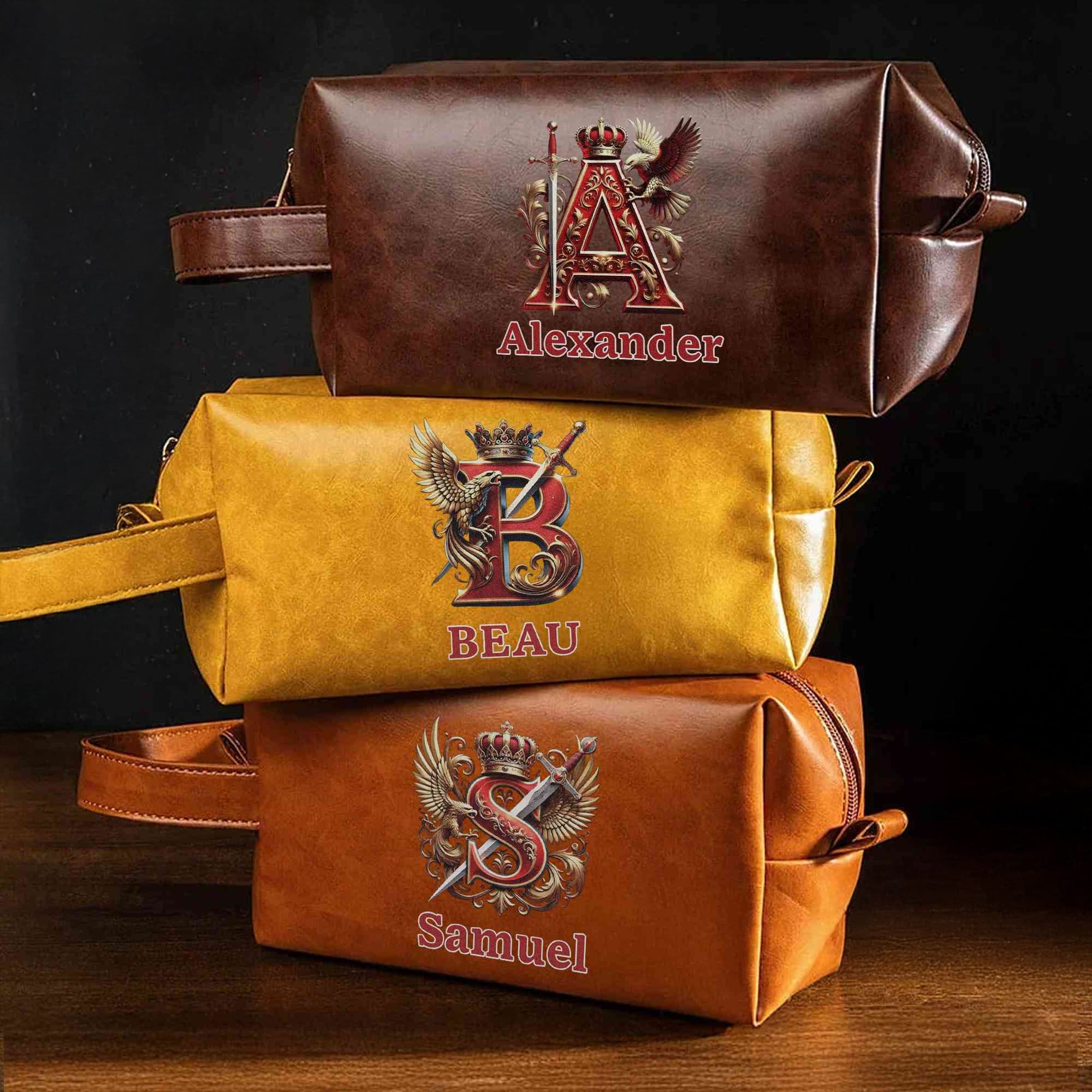 Alfabeto heráldico real personalizado Neceser de cuero PU con nombre e inicial Accesorios de viaje Regalo de cumpleaños para hombre