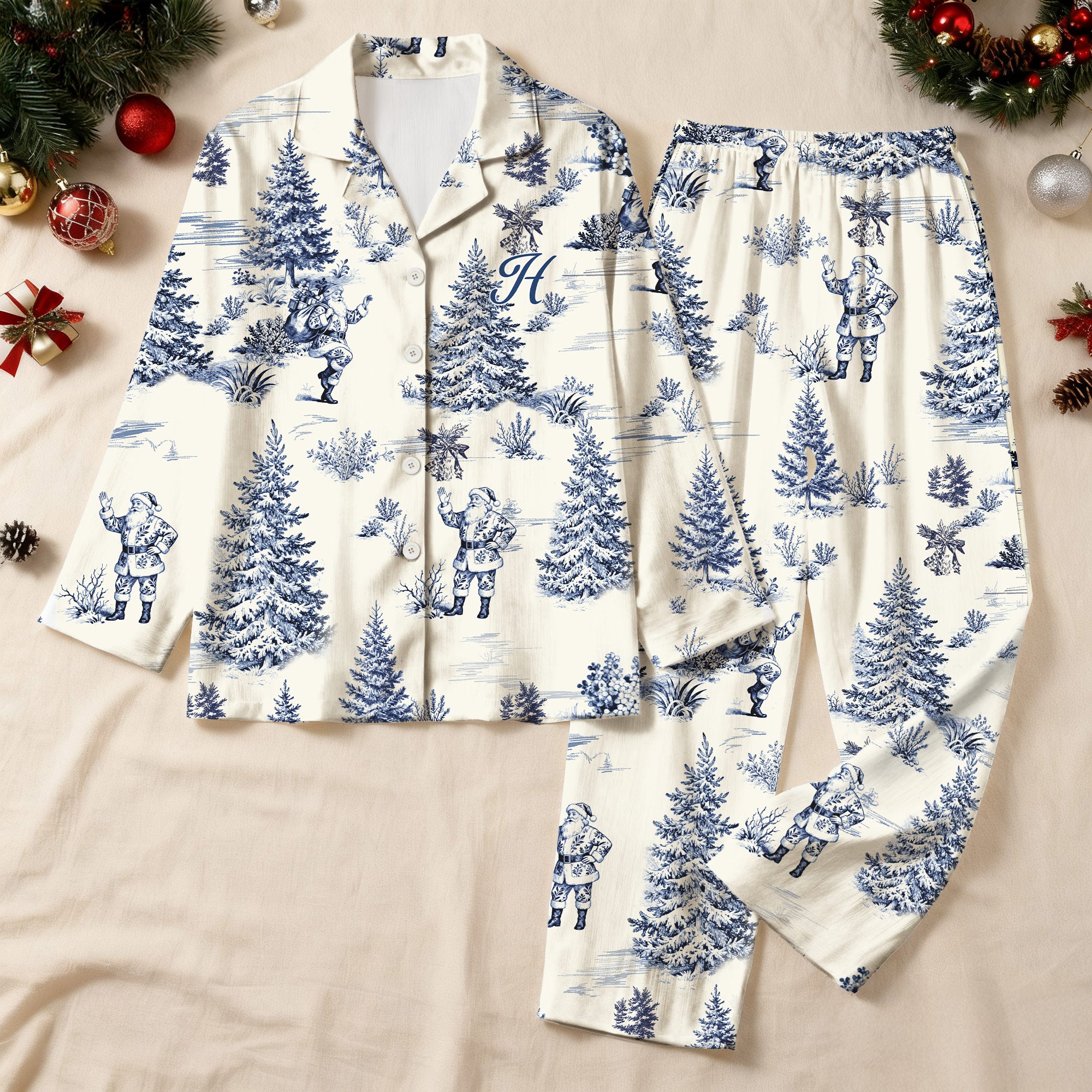 Personalizado Toile De Jouy Santa Claus Reno Cascanueces Señoras Pijama Set con Inicial Uso Diario Navidad Cumpleaños Regalo para las mujeres