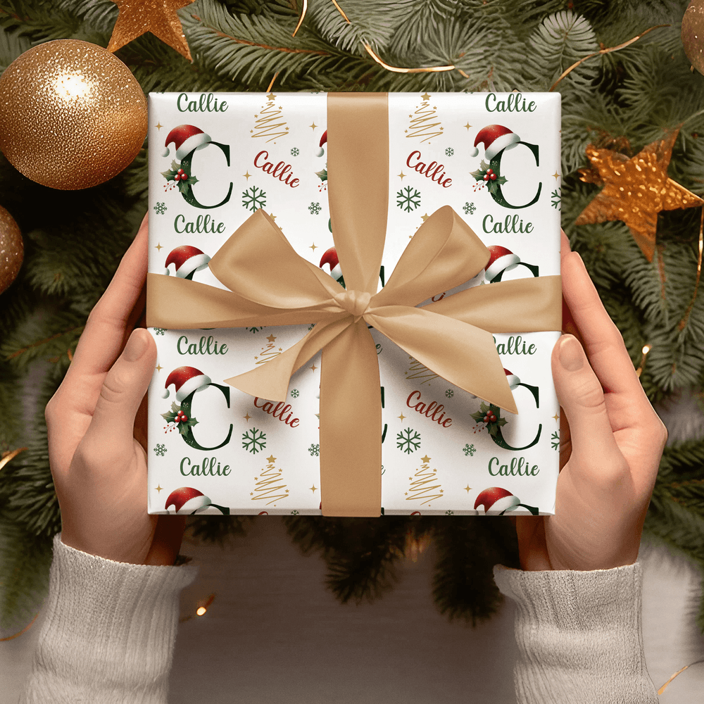 Personalizado Navidad Tema Inicial Word Cloud Papel de regalo con nombre de regalo de Navidad para los amigos de la familia