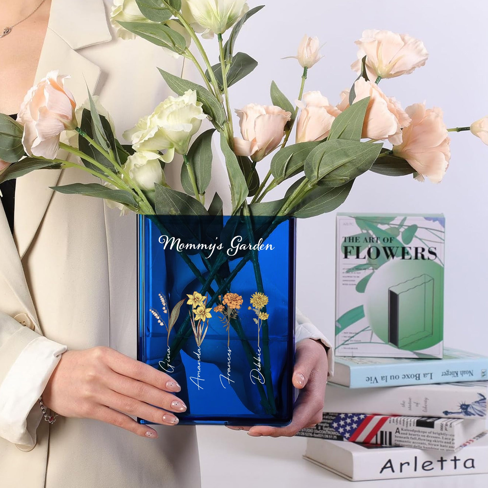 Flores de nacimiento personalizadas 1-10 Florero transparente para libros con nombre y título Decoración para estantería Regalo de cumpleaños para madre abuela amante de los libros