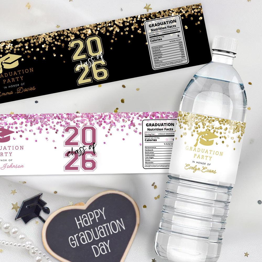 Gorro de graduación personalizado Clase 2026 Etiqueta adhesiva de purpurina para botella de agua con nombre y año Decoración de fiesta Regalo de graduación para graduados