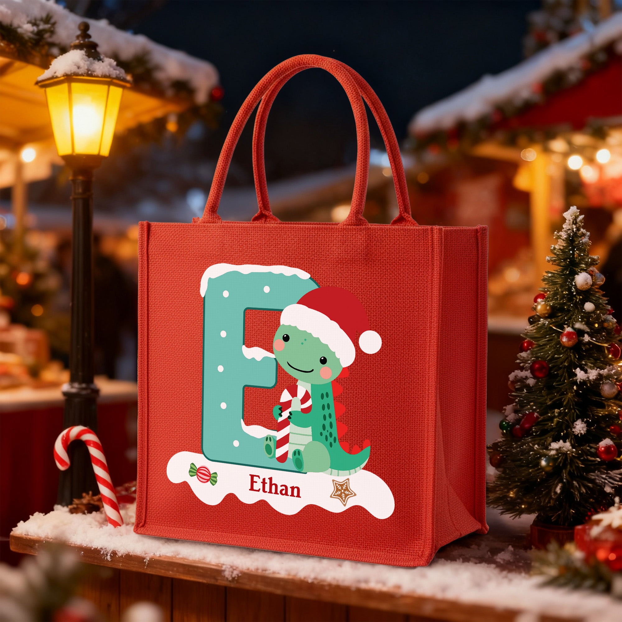 Gorro de Papá Noel personalizado Dinosaurio Bolsa de yute roja de gran capacidad con nombre Accesorios de vacaciones Fiesta de Navidad Regalo para niños Adolescentes