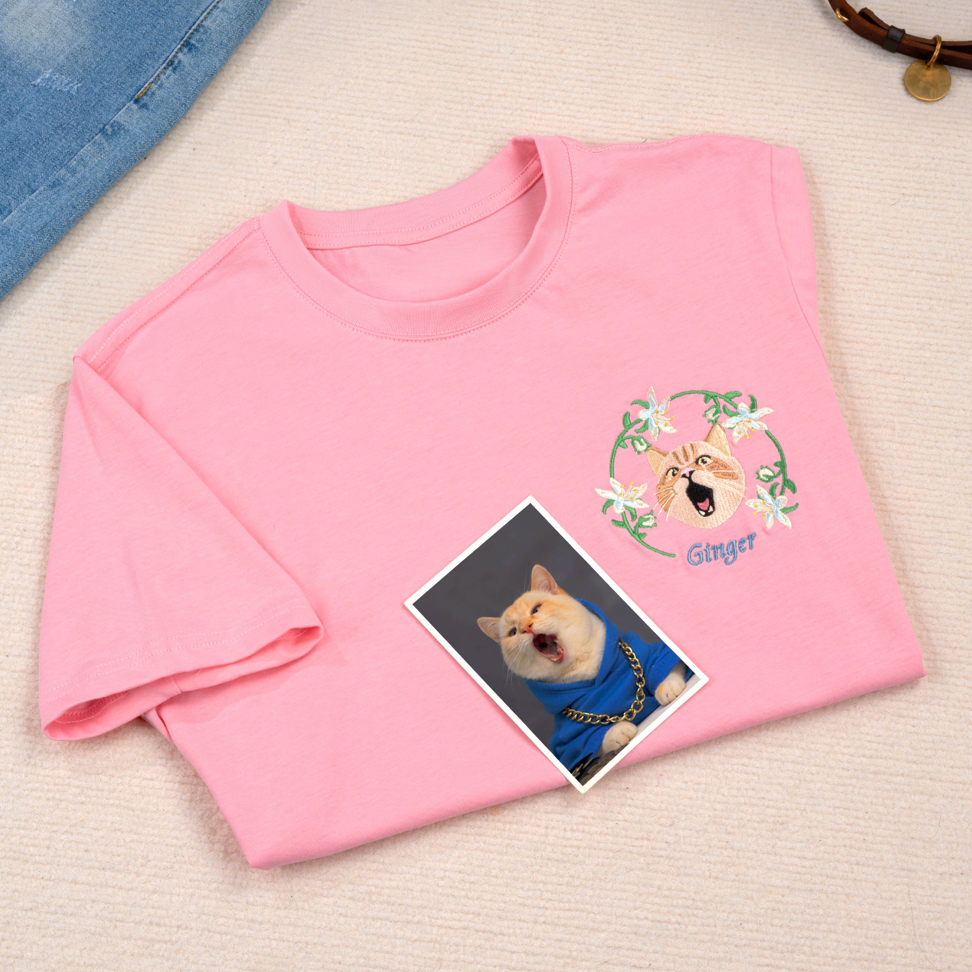 Personalizada Mascota Cara Foto Nacimiento Flor Suave Camiseta Sudadera Sudadera con capucha con nombre bordado Cumpleaños Regalo de Navidad para los amantes del animal doméstico