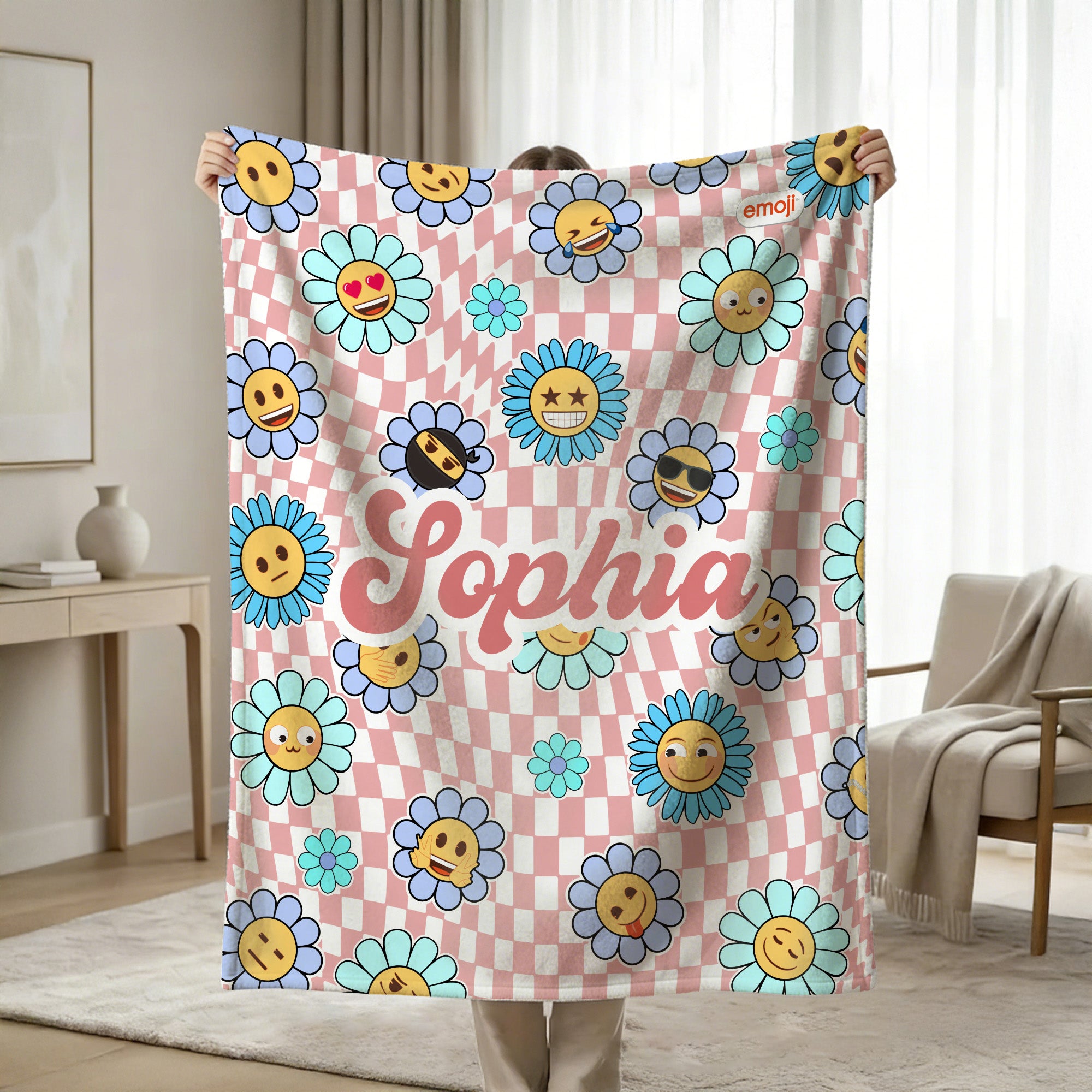 Personalizado a cuadros multicolor flor sonrisa emoji manta suave con nombre uso diario cumpleaños aniversario regalo para familia amigos | Callie × emoji ™.