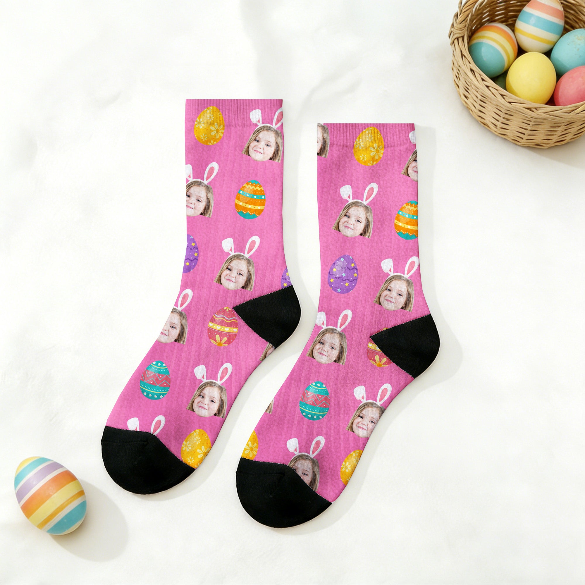 Calcetines personalizados con orejas de conejito y huevos de Pascua con foto Suaves Medias de media caña Regalo de Pascua para niños y familia