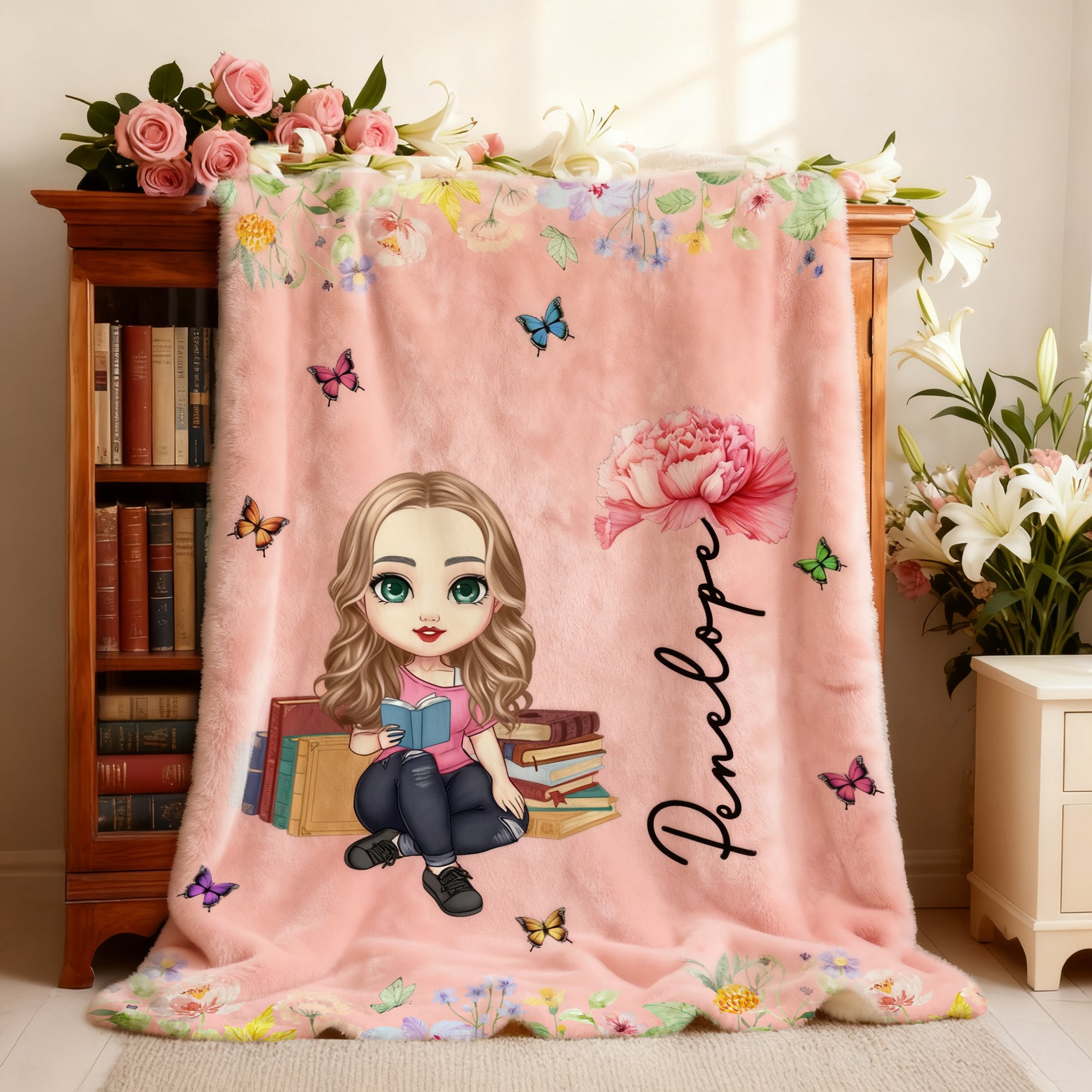 Personalizada Lectura Personaje de dibujos animados Nacimiento Flor Suave manta con nombre Decoración del hogar Cumpleaños Regalo de Navidad para el ratón de biblioteca amante de los libros