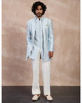 Ivory & Powder Blue Maze Open Bandhgala Set By KYNAH, Luxury Indian Fashion & Bridal Wear