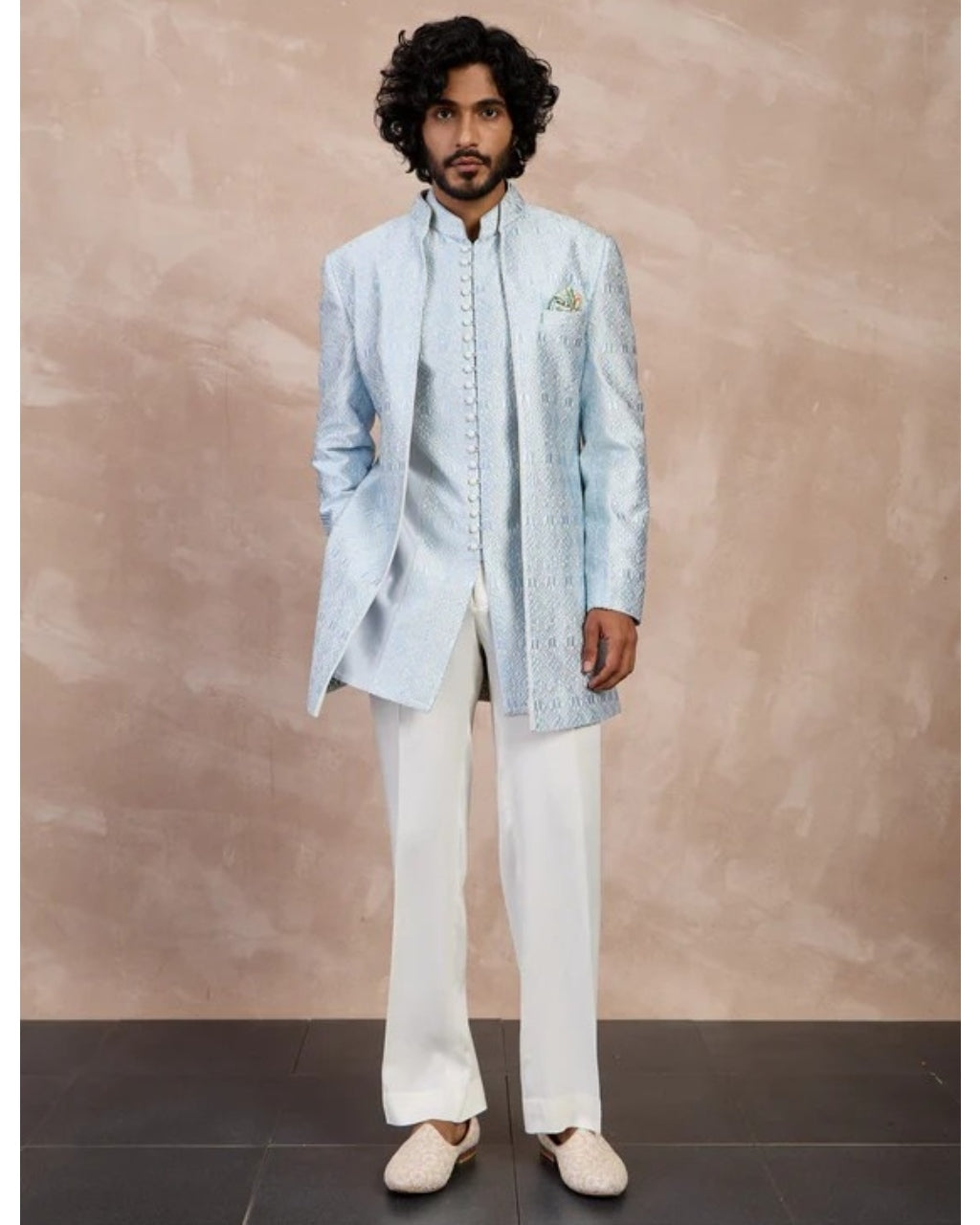 Ivory & Powder Blue Maze Open Bandhgala Set By KYNAH, Luxury Indian Fashion & Bridal Wear