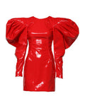 Women's Red Patent Leather Puff Sleeves Mini Dress Polyurethane Polyester