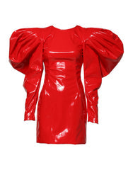 Women's Red Patent Leather Puff Sleeves Mini Dress Polyurethane Polyester