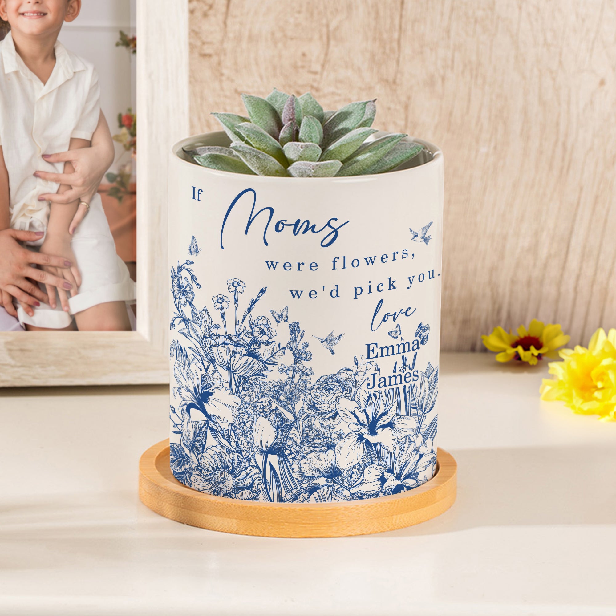 Maceta de cerámica floral retro personalizada con base de bambú y nombre Día de la Madre Cumpleaños Regalo para mamá Abuela