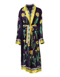 Women's Blue Floral Print Silk Long Sleeves Wrap Robe Clothing