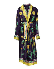 Women's Blue Floral Print Silk Long Sleeves Wrap Robe Clothing