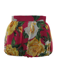 Red Floral High Waist Women Hot Pants Shorts Pink Silk