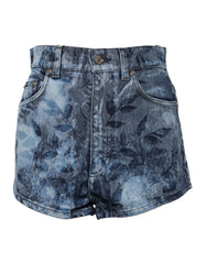 Women's Blue Floral Print Denim Cotton Hot Pants Shorts Black Elastane