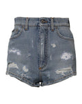 Women's Blue Tattered Denim Cotton Hot Pants Shorts Elastane