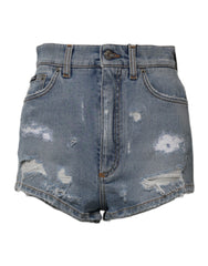Women's Blue Tattered Denim Cotton Hot Pants Shorts Elastane