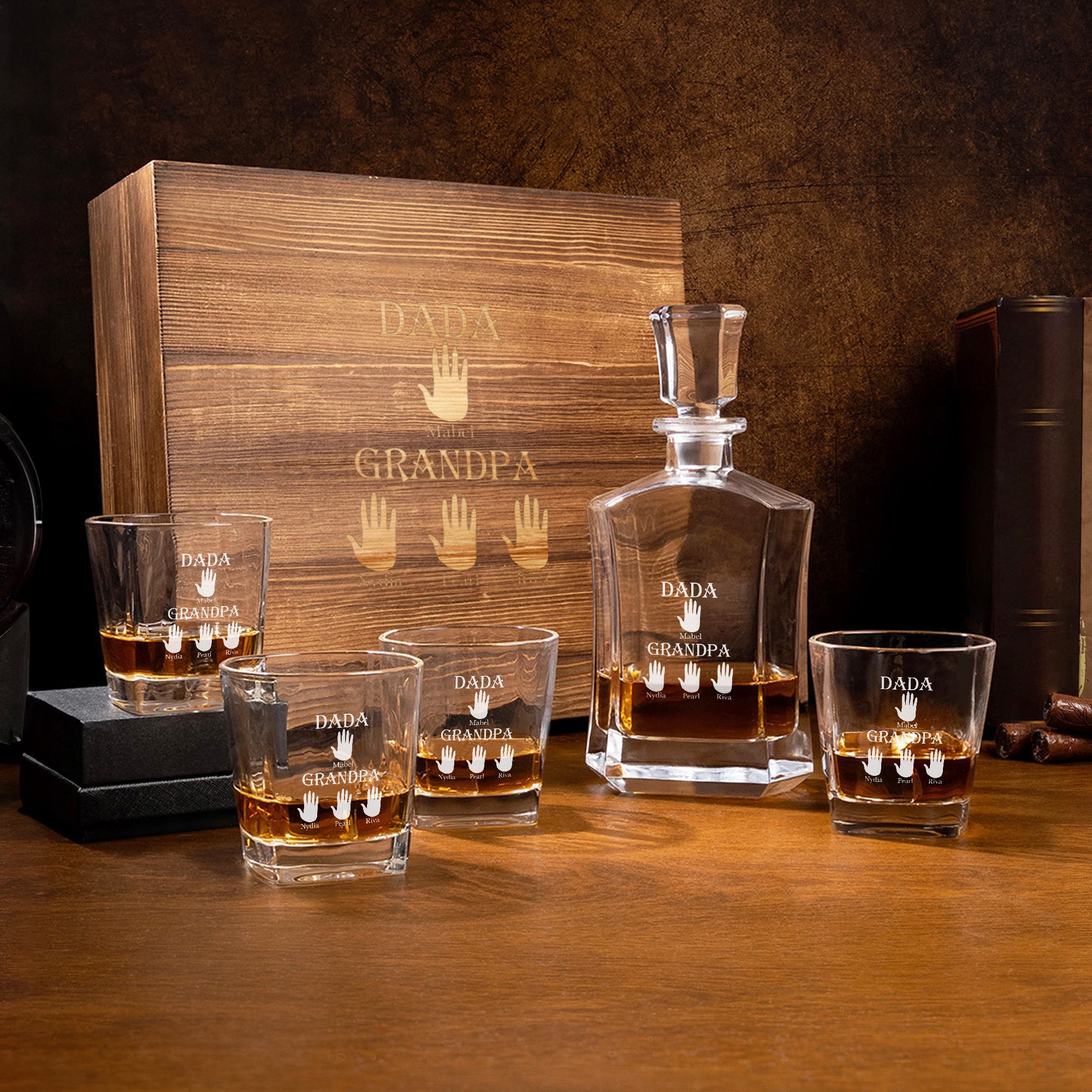 Personalizada Padre Palm Barware Decantador de madera Set de Caja con Nombre Día del Padre Regalo para Bartenders Padres