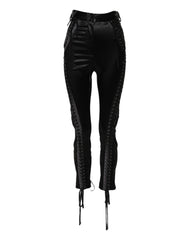 Women's Black Lace Details High Waist Skinny Pants Acetate Nylon Silk Elastane
