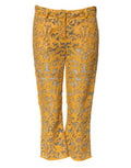 Women's Yellow Floral Lace Mid Waist Capri Pants Bull Leather