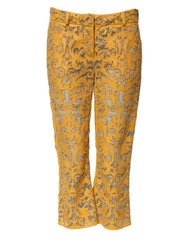 Women's Yellow Floral Lace Mid Waist Capri Pants Bull Leather
