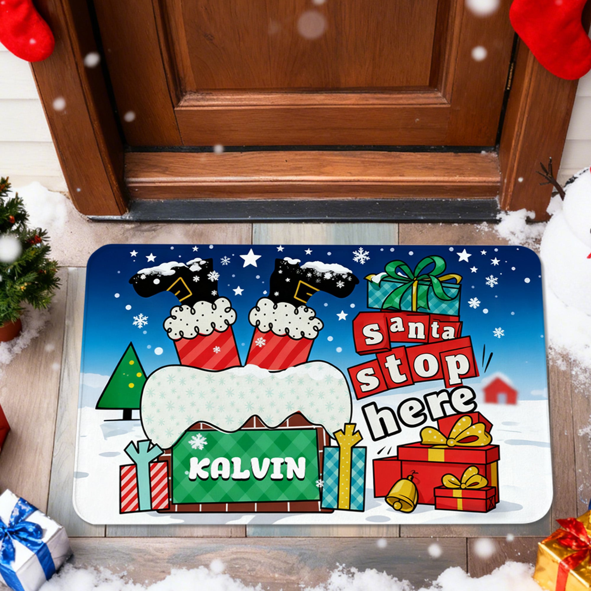 Felpudo personalizado Santa Stop Here Chimney Santa Claus con nombre Decoración del hogar Regalo de Navidad para un amigo de la familia