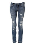 Women's Blue Pretty Tattered Skinny Denim Jeans Cotton Elastane Clothing