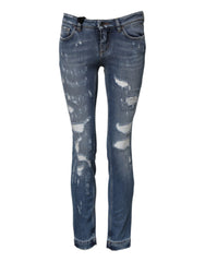 Women's Blue Pretty Tattered Skinny Denim Jeans Cotton Elastane Clothing