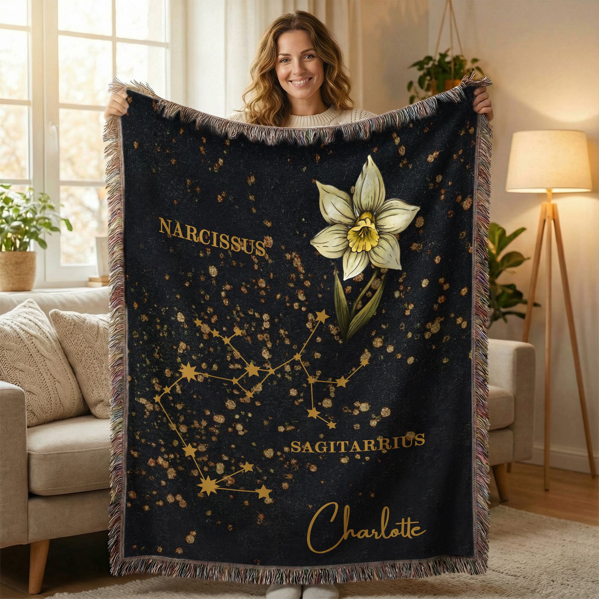 Personalizado signo del zodiaco constelación nacimiento flor suave manta con nombre y borla decoración del hogar cumpleaños aniversario regalo para la familia amigo