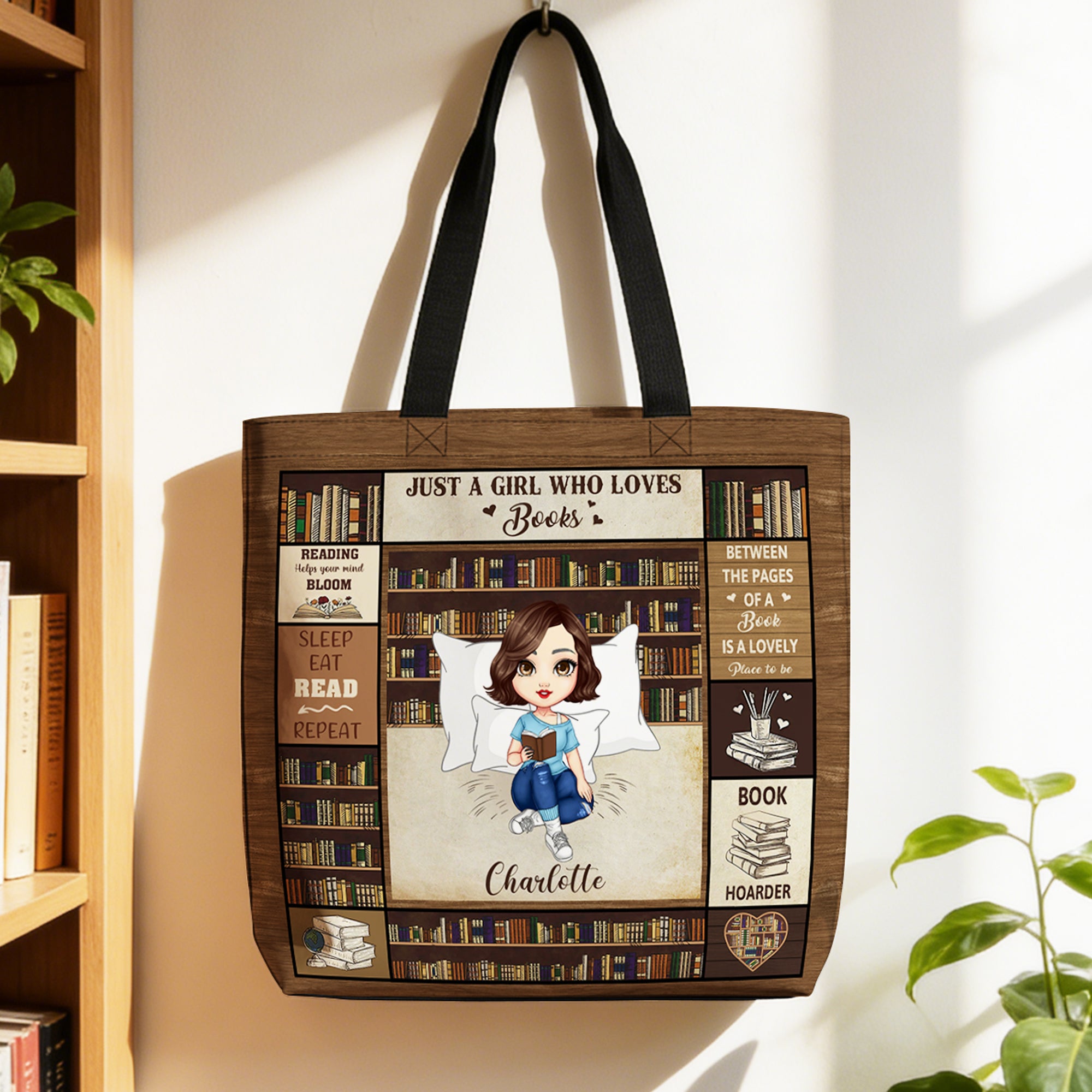 Personalizada de dibujos animados de lectura de caracteres grandes Bolsa de asas con nombre de uso diario de viaje esencial de cumpleaños Aniversario de regalo para las mujeres