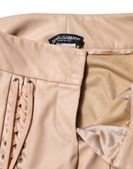 Women's Beige Lace Details Mid Waist Skinny Pants Polyurethane Polyester