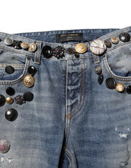 Women's Blue Embellished Tattered Skinnydenim Jeans Cotton Clothing