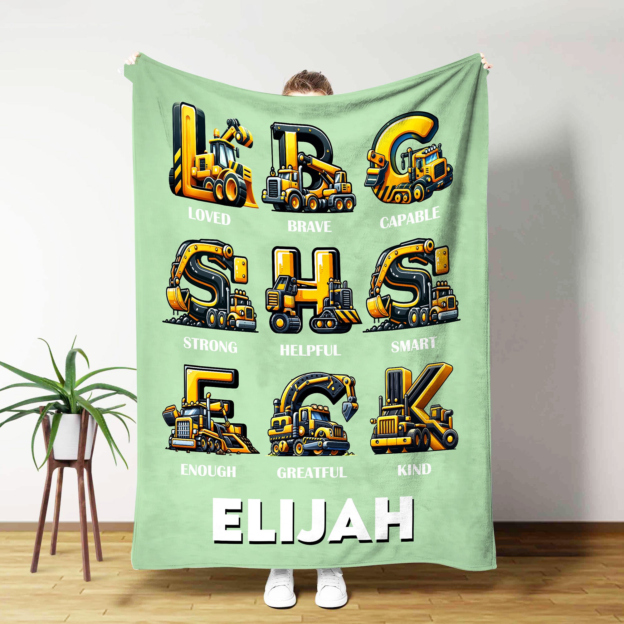 Manta blanda personalizada con nombre y texto para camiones de construcción con iniciales multicolor Decoración del hogar Cumpleaños Regalo de Navidad para niños amantes de los camiones