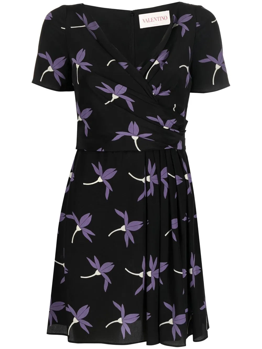 Valentino Floral-Print Pleated Dress — Black
