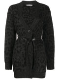 Valentino Leopard-Pattern Belted Cardigan — Gray